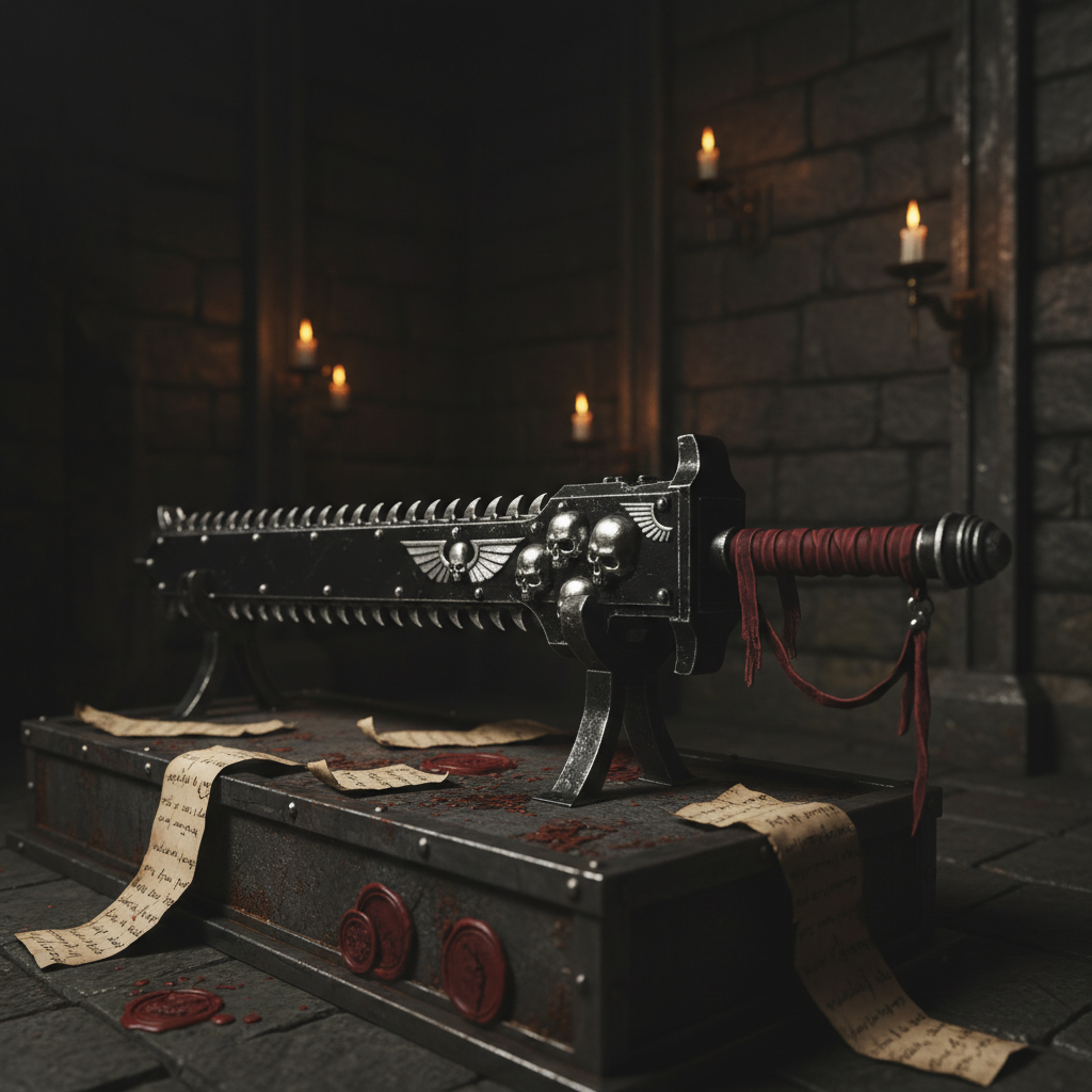 An ornate, jet-black chainsword encrusted with silver skull motifs and featuring a frayed crimson grip, locked onto a metallic shrine plinth scattered with tiny parchment fragments and cracked wax seals. The backdrop is a shadowy stone alcove lined with flickering servo-candle sconces, casting warm highlights and long, moody shadows across the weapon. The image is framed using the rule of thirds, focusing tightly on the intricate details of the hilt and teeth, with a shallow depth of field to create a sense of mystery and reverence. The mood is grim and solemn, drawing viewers into the legendary lore of the Death Company in Warhammer 40K.