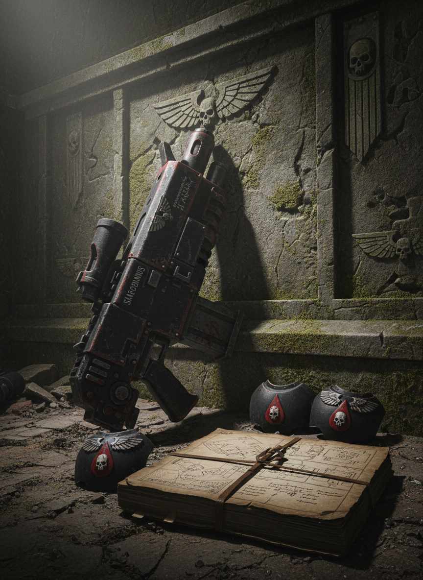 A battered boltgun painted in matte black with crimson accents and inscribed with gothic script, leaning against an ancient stone wall adorned with faded Imperial iconography and splatters of dried blood. Lying nearby are cracked Death Company heraldry shoulder pads and a worn, hand-bound journal partially open to tactical notes. The scene is bathed in gloomy, diffused overhead lighting that casts haunting shadows and creates a rugged, dramatic atmosphere. Captured from a low-angle perspective with sharp focus throughout, this composition exudes boldness and intensity, providing a dynamic, image-rich asset for an in-depth Warhammer 40K resource site.